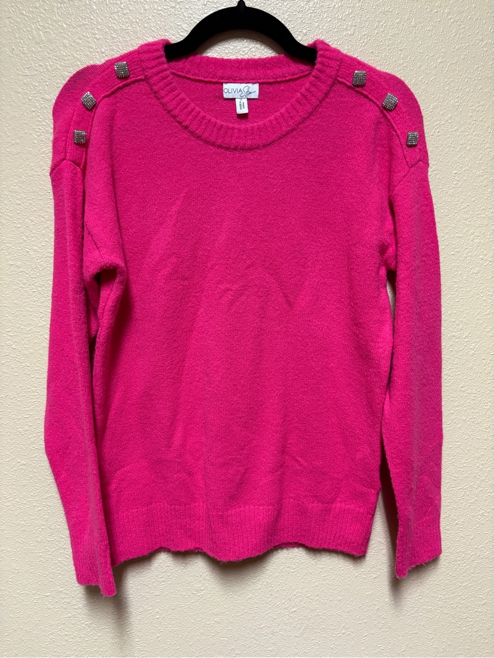 Olivia Moon Hot Pink Crewneck Sweater with Silver Shoulder Buttons